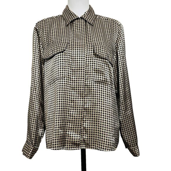 VTG Notations Houndstooth gold shiny button up blouse with shoulder pads size 12 - Picture 1 of 8